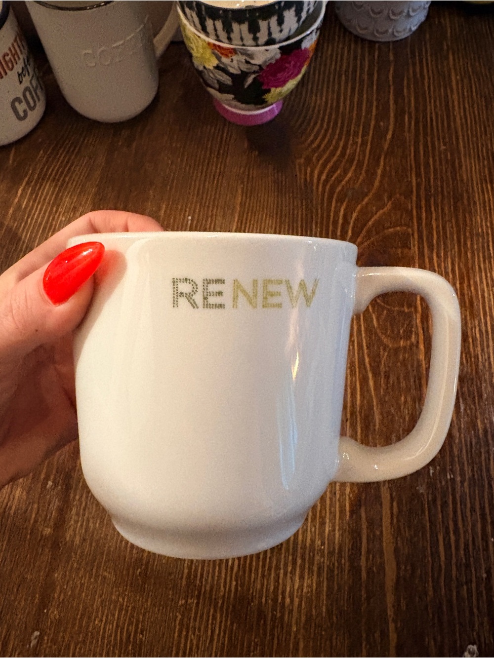 Starbucks RENEW White Ceramic Mug with Gold Lettering